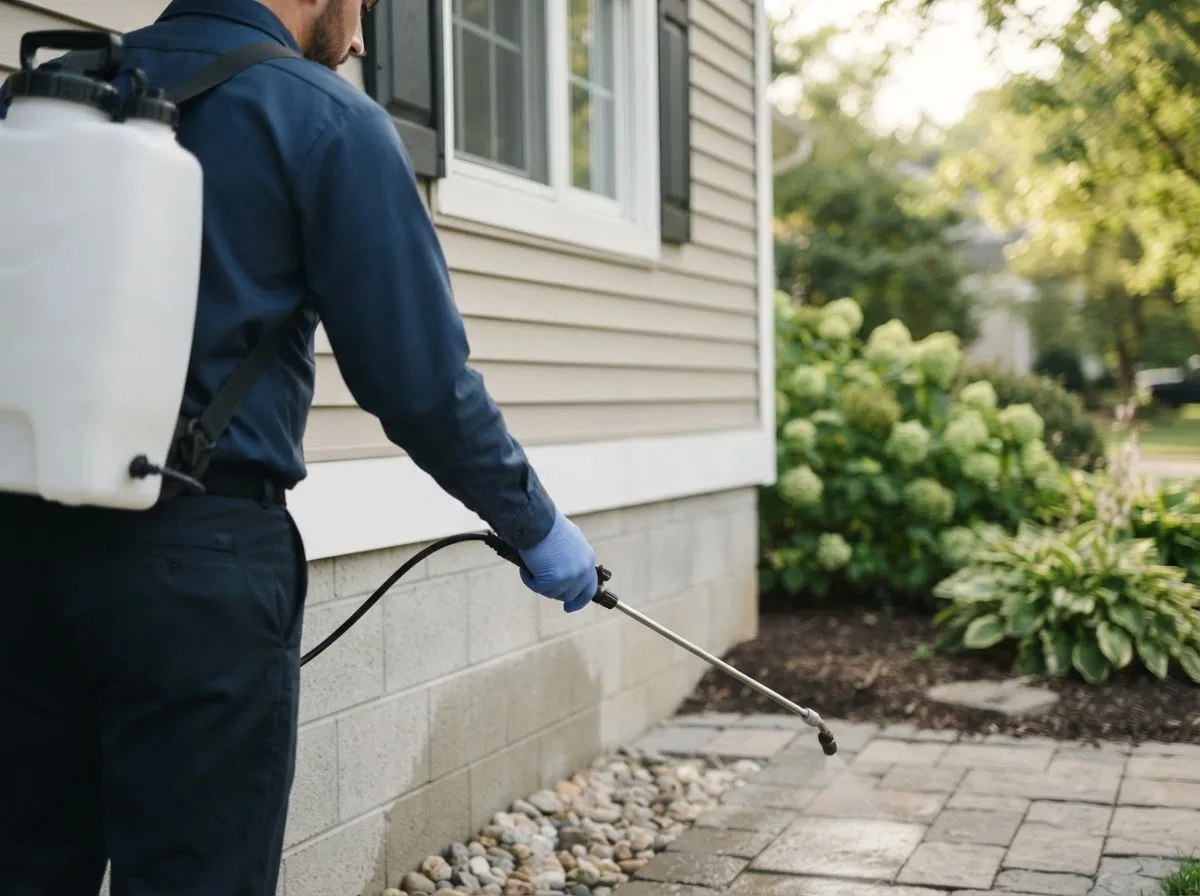 Pest control technician inspecting a home in Greensboro, MD